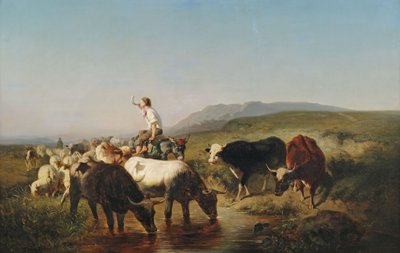 Vieh- und Schafherde mit eselreitendem Hirtenknaben in weiter Landschaft von Adolf Schreyer